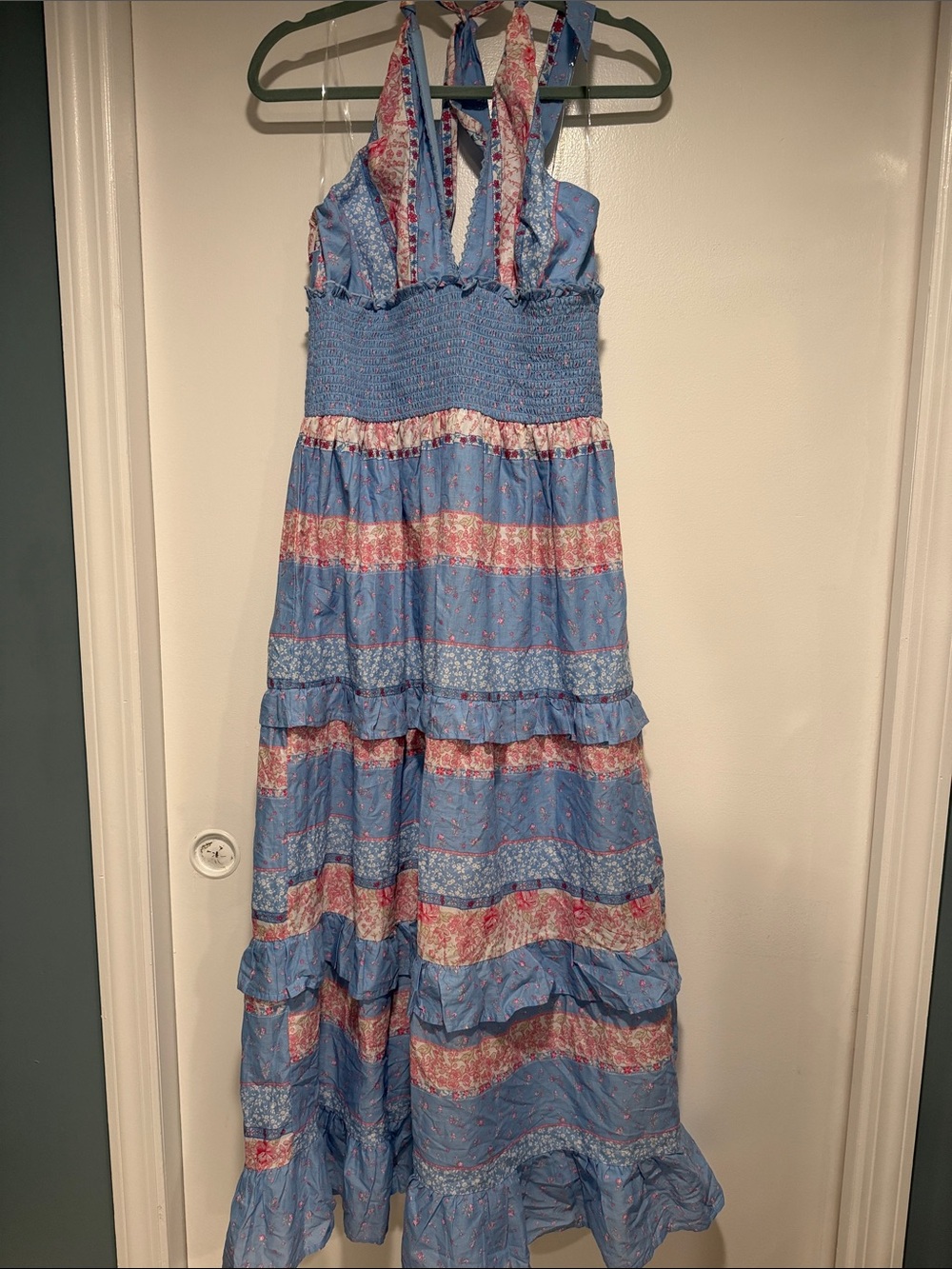 Blue Floral Tiered Halter womens Dress large- wild fable